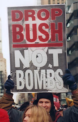 A photograph taken at an anti-Bush and anti-war protest in February 15, 2003 in New York City.