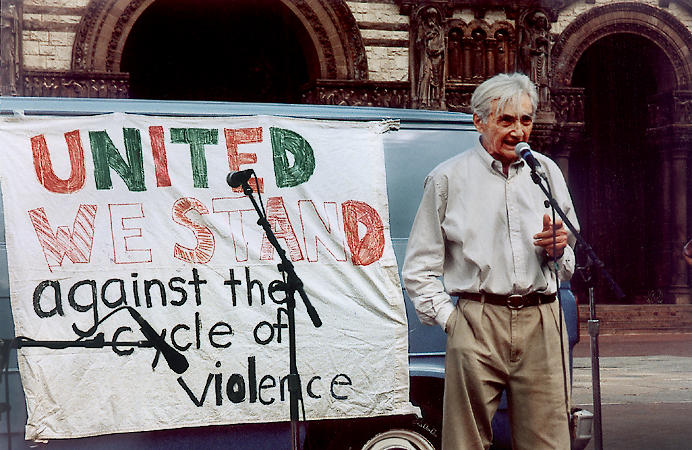 Howard Zinn in the first peace rally in Copley Square, Boston after the September 11 terrorist attacks.