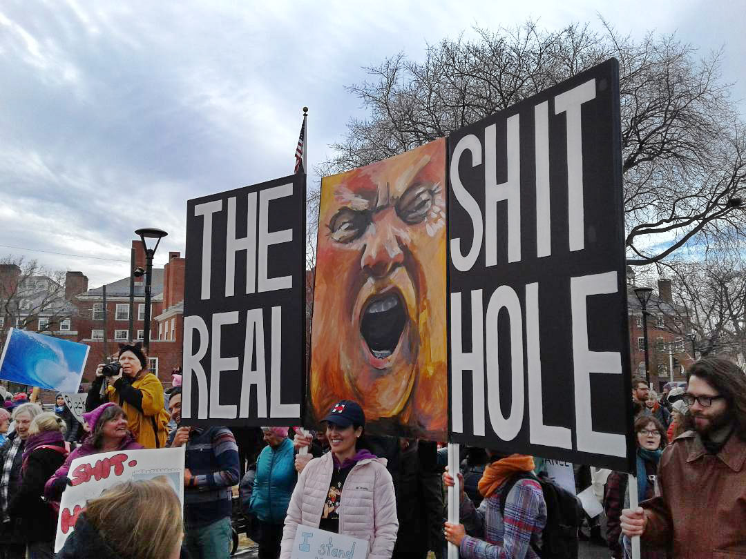 Demonstrators at the January 20th 2018 rally on the Cambridge Common in Cambridge, MA, celebrating the one-year anniversary of the Women March of January 2017.