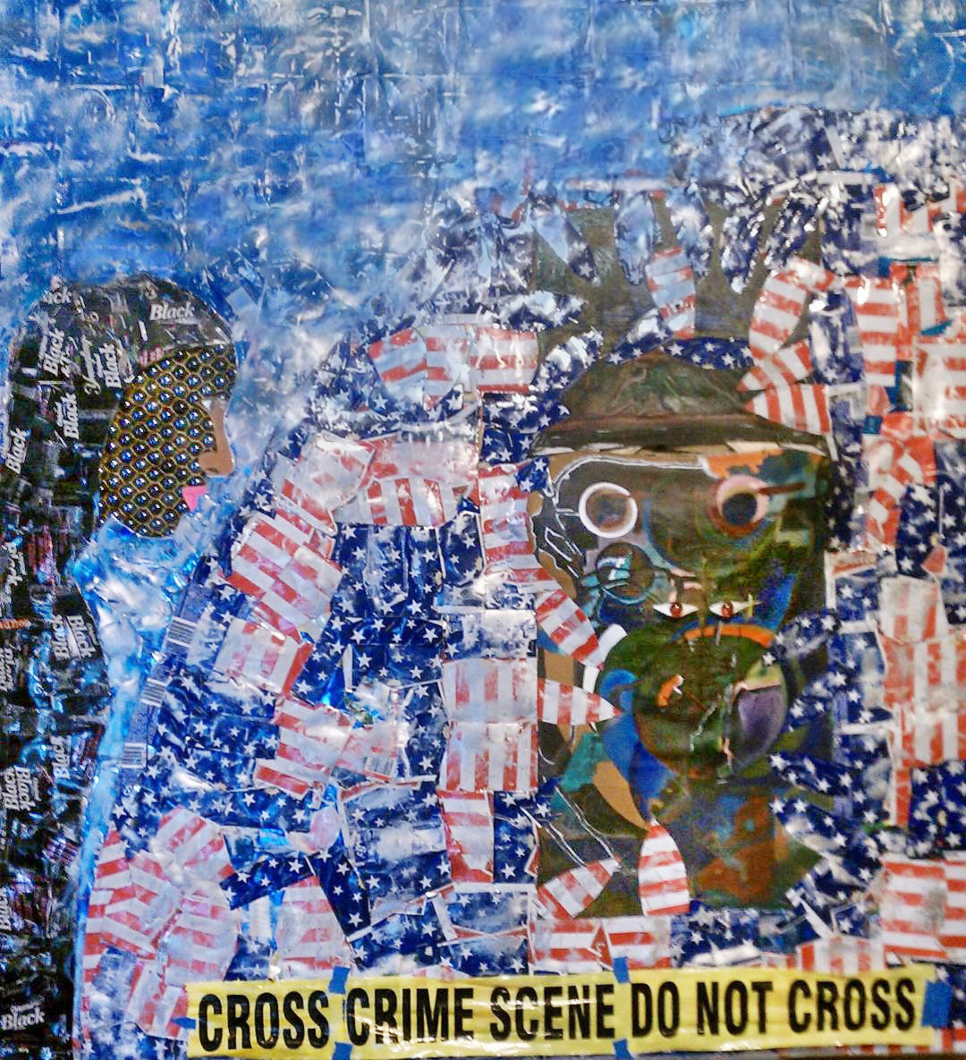 “Crime Scene, Do Not Cross”, mixed media by Duken Delpé, 2020 —photo Tanbou.