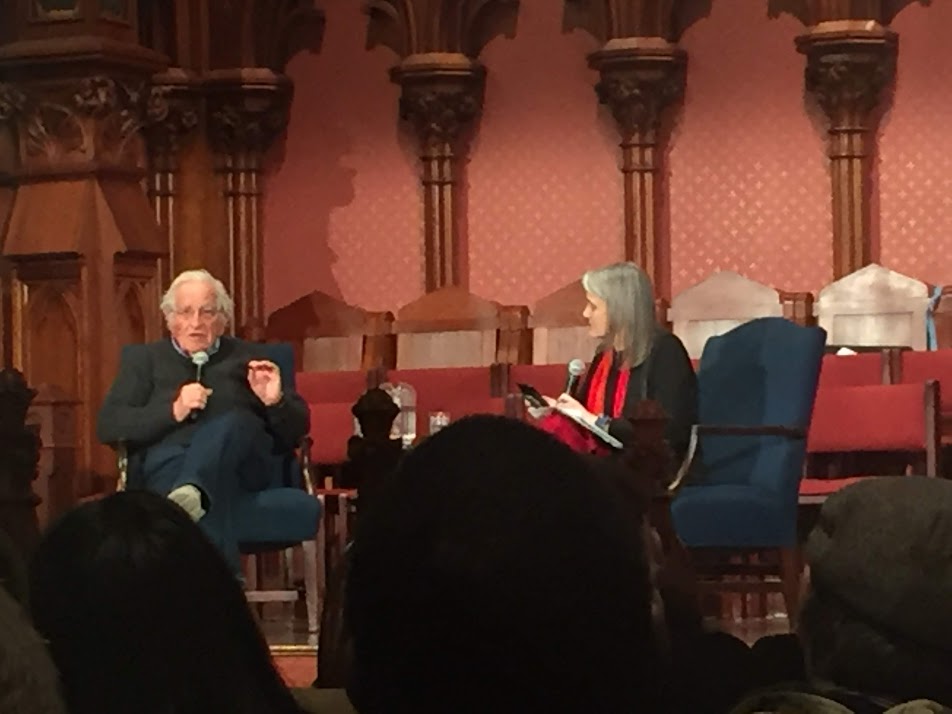 Noam Chomsky with Amy Goodman at the Old South Church in Boston on April 11th 2019